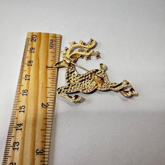 Gold Tone Teal Rhinestone Reindeer Brooch • Holiday Christmas Pin • Sparkly Runn - Picture 5 of 5